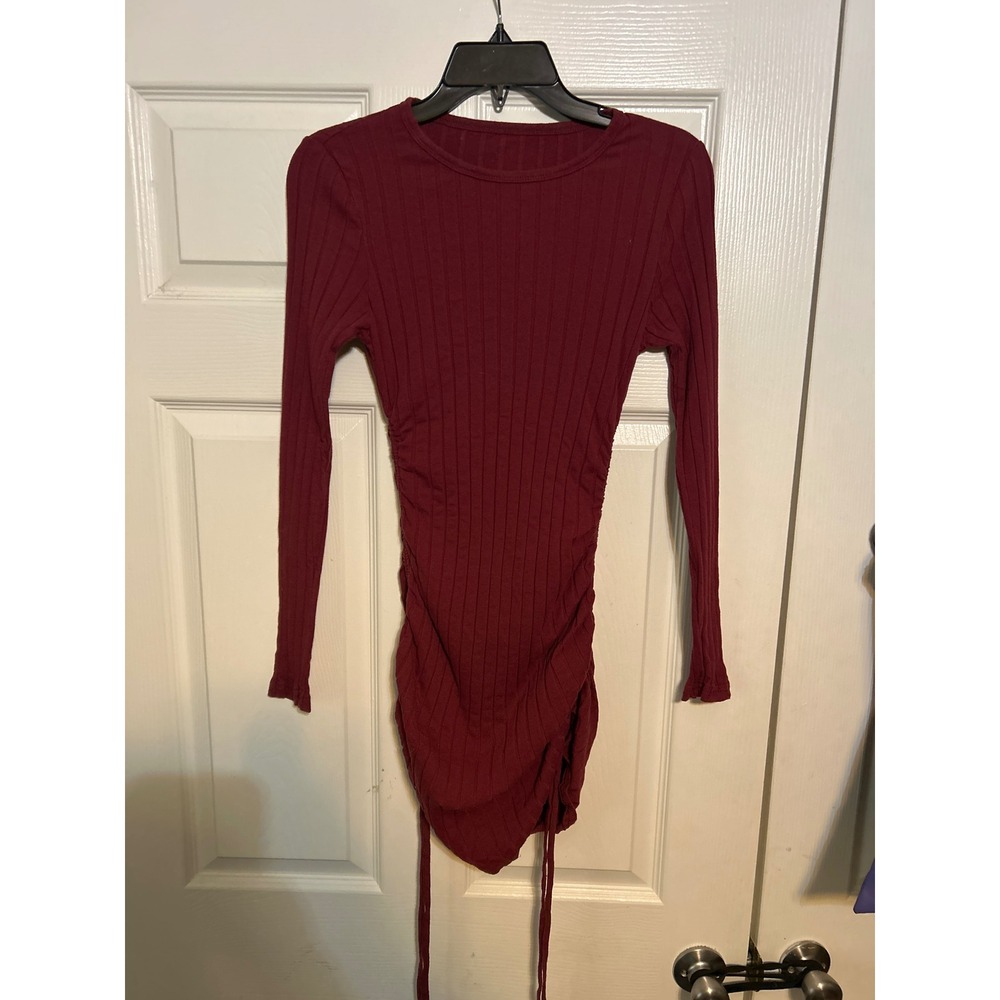 Romwe Womens Burgundy Ribbed Knit Long‎ Sleeve Ruched Drawstring Mini Dress M